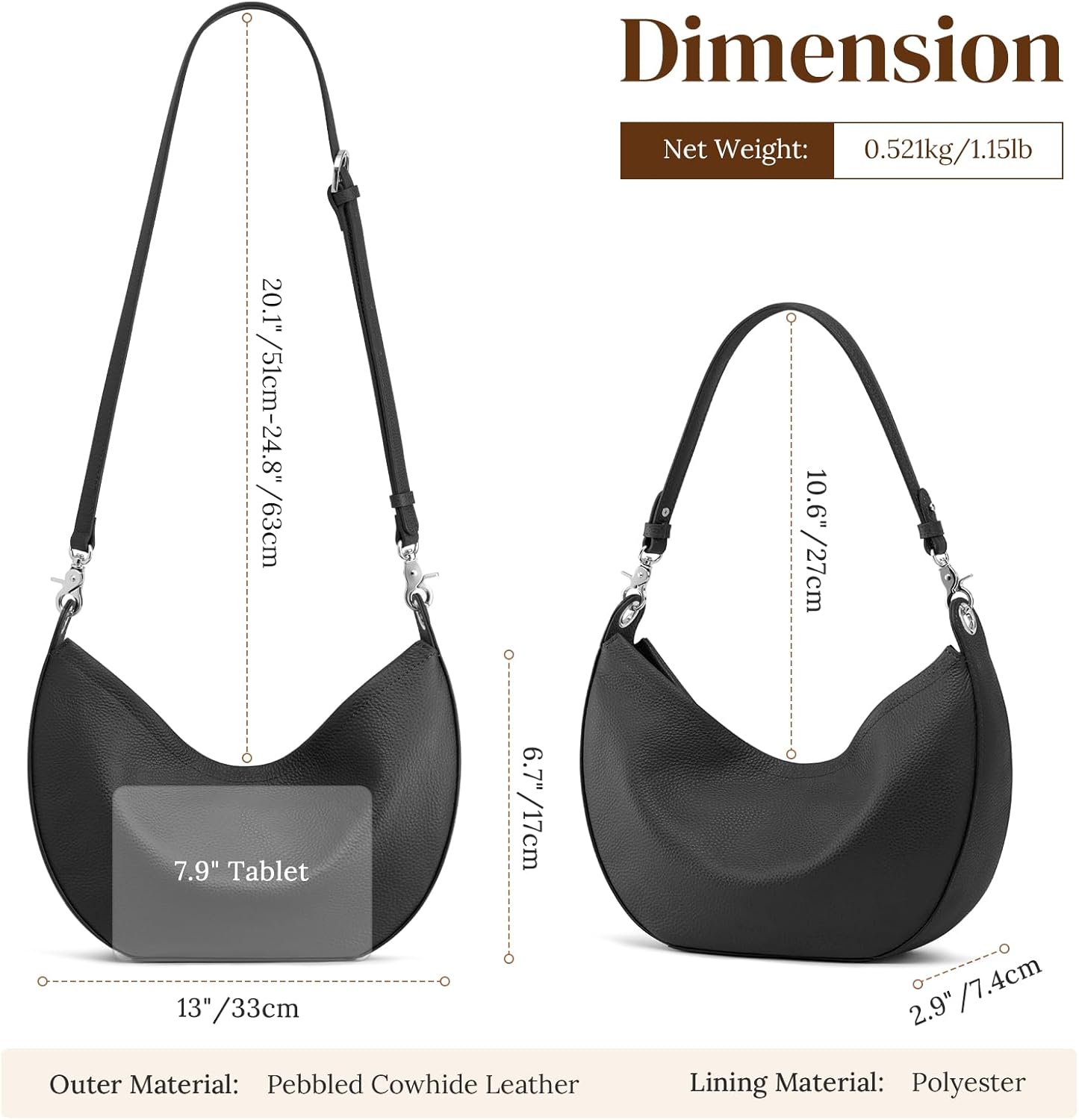 S-ZONE Leather Shoulder Bags for Women Soft Crossbody Bags Classic Crescent Purse Handbags with 2 Shoulder Straps - Image 4