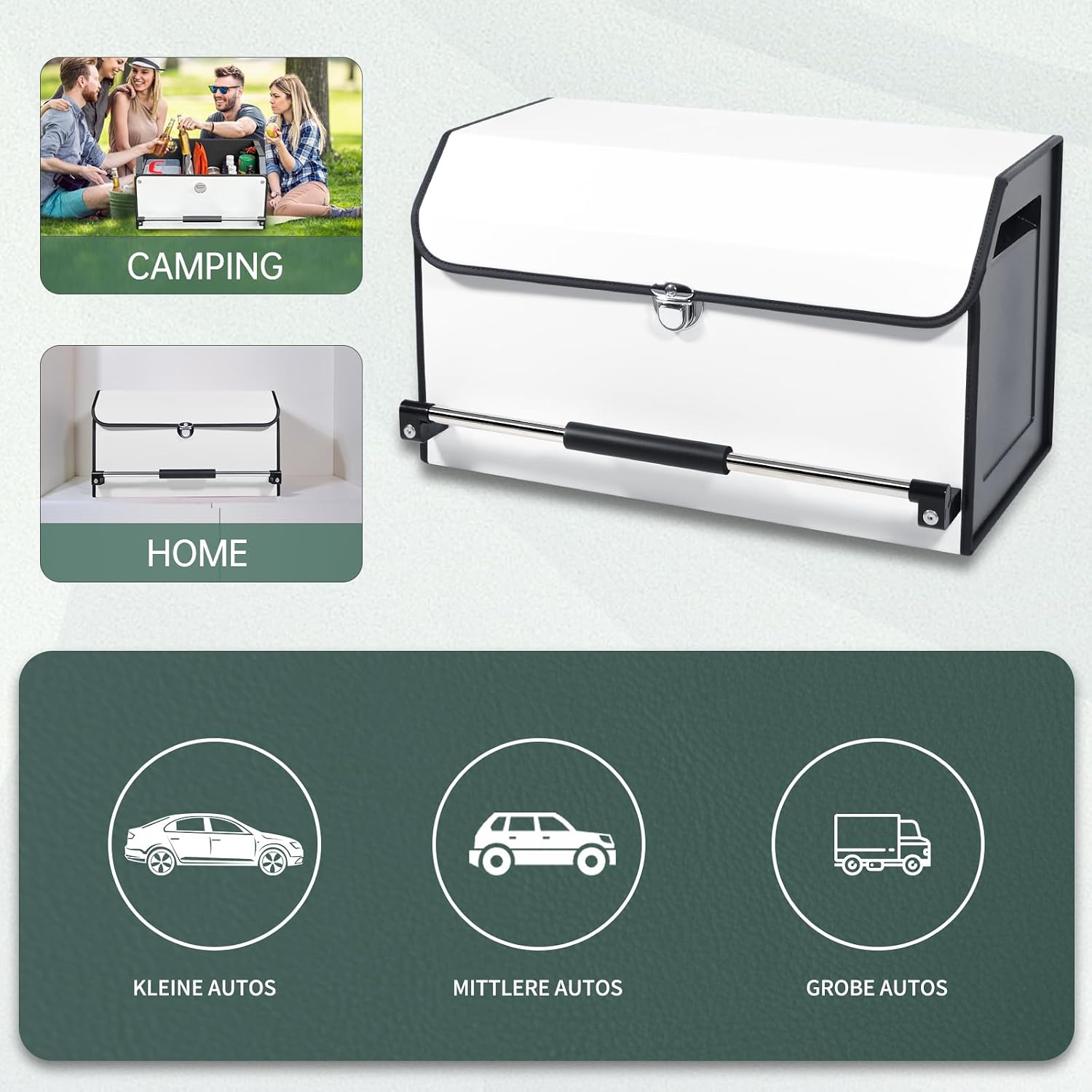 Car Trunk Organizer, Leather Collapsible Trunk Organizer for suv with Lid and Push-pull Handle Car Trunk Storage Organizer for Cars, SUV, Minivan, Truck, Sedan (White)