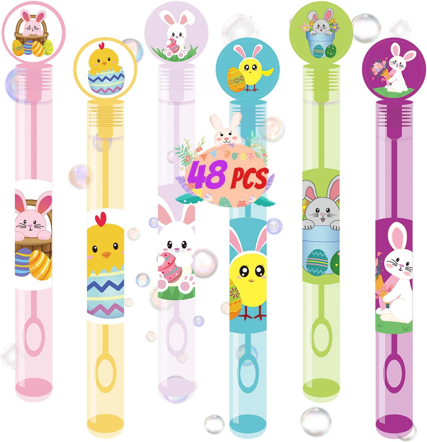 48PCS Easter Toys Mini Bubble Wands Assortment 6 Styles Kids Easter Basket Stuffers for Boys Girls, Bubble Blowing Gifts for Kids Party Favors