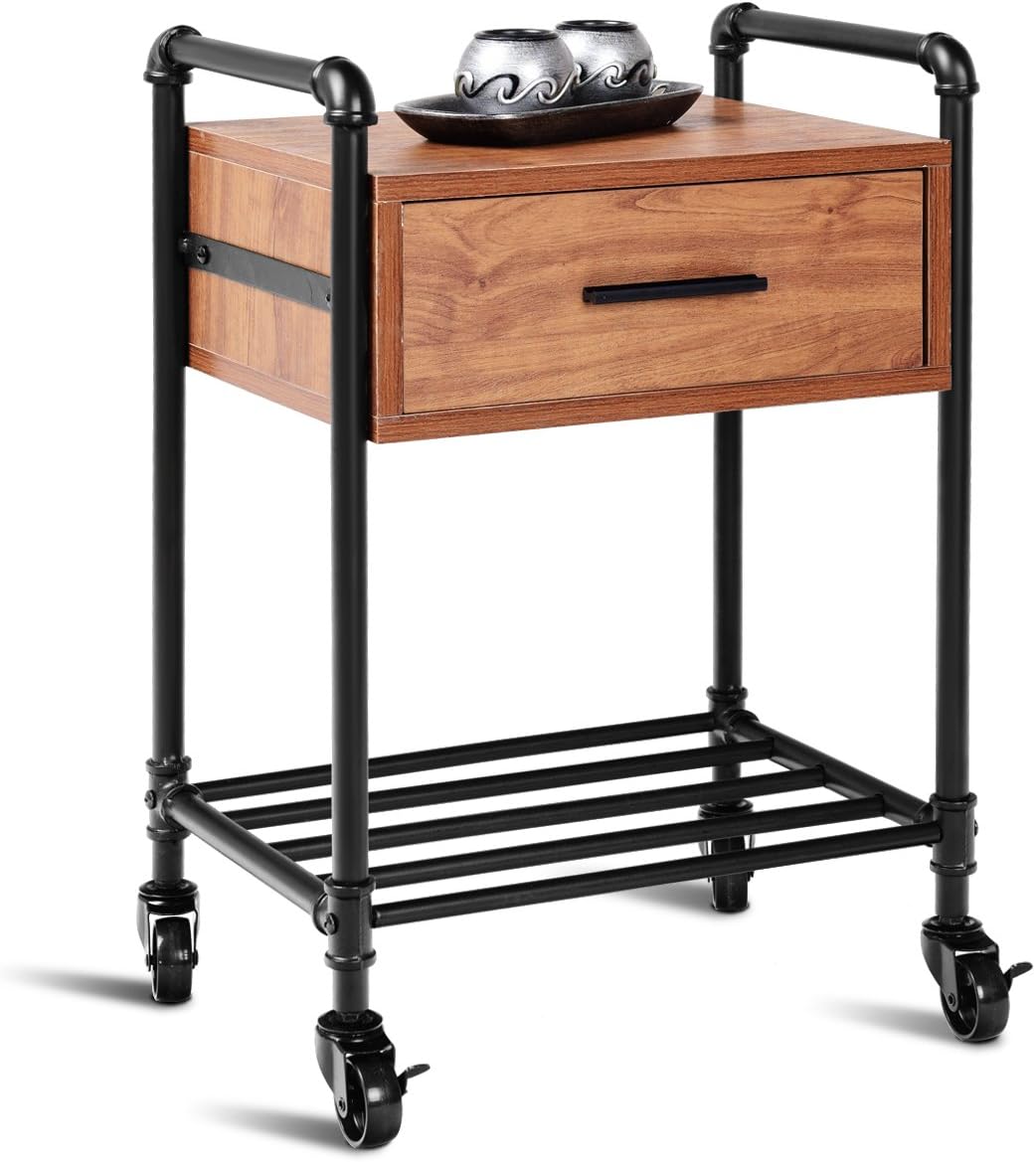 COSTWAY Mesa Auxiliar con Ruedas Mesa de Centro con Marco de Metal Carrito de Diseño Industrial para Cocina Sala de Estar Sofá