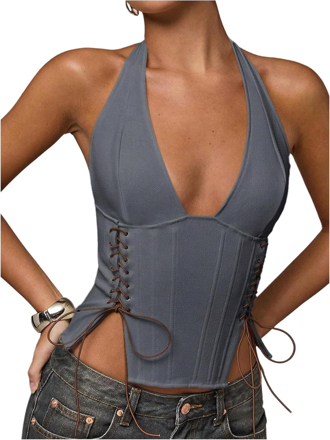 MakeMeChic Women's Corset Halter Tops Y2K Going Out Lace Up Tops Gothic Cowgirl Crop Tops