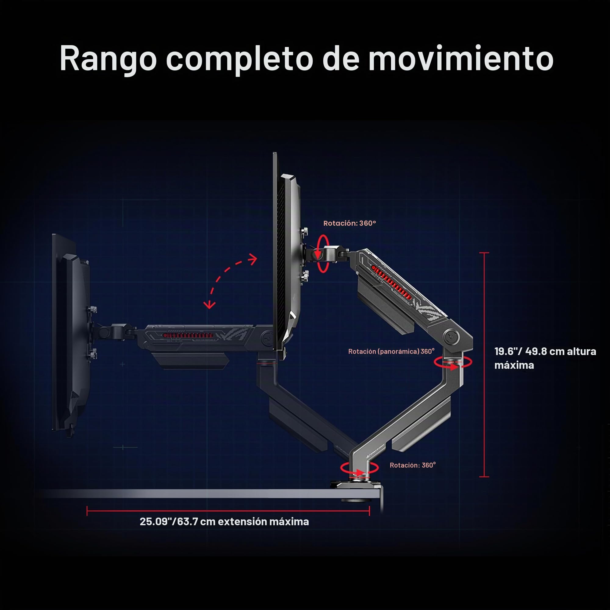 ASUS ROG Ergo - Soporte para Monitor (Canal de gestión de Cables, para monitores de hasta 39 Pulgadas, hasta 11,5 kg de Peso, Compatible con Soporte VESA de 100 x 100 mm)