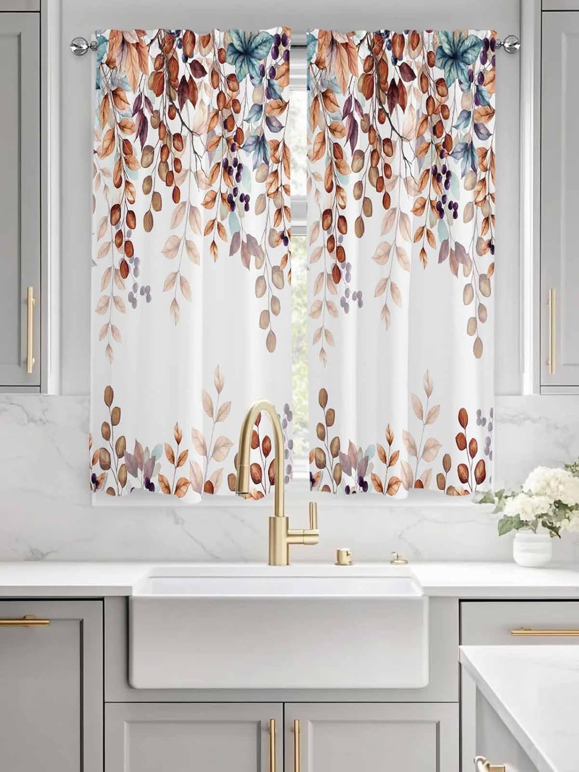Window Curtains 72 Inch Length - 2 Panels, Fall Maple Leaf Rod Pocket Curtain Panels, Thankgiving Orange Blue Botanical Vintage Window Treatment for Bedroom/Kitchen/Bathroom, 104W x 72L Inch