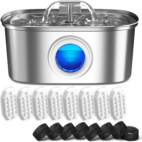 Fuente de agua para gatos de acero inoxidable fuente automática de agua para mascotas de 108 oz3.2 L, dispensador de agua para perros con ventana de