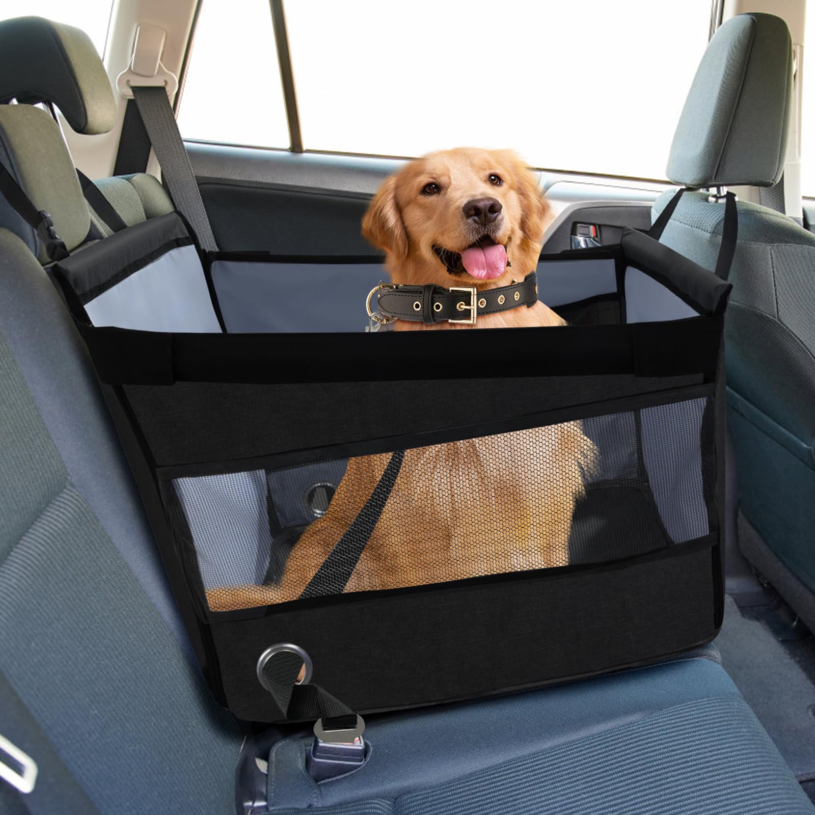 Siège Auto Chien Sécurisé, Panier Voiture Chien Confortable, Protection Voiture Chiens avec Fenêtre Aérée, Sangle Réglable, Compatible avec Tous Véhicules (49x49x38cm)