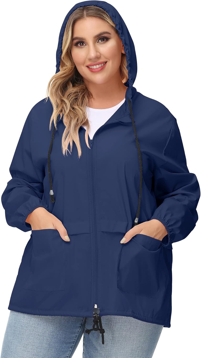Avoogue Plus Size Raincoat Women Waterproof Rain Jacket Packable Outdoor Hooded Windbreaker - Image 3
