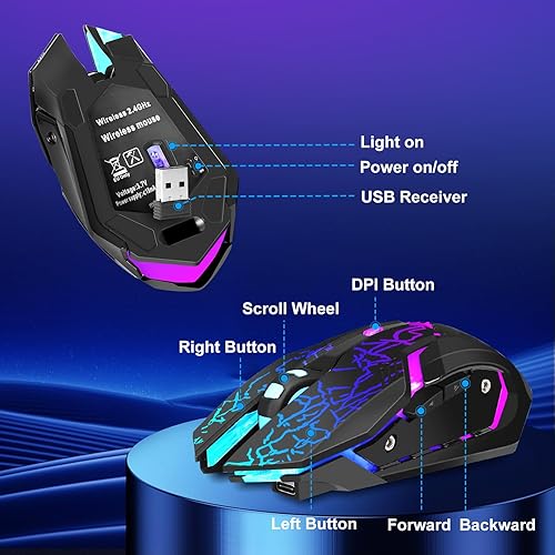 Miniatura 5 de Mouse inalámbrico para juegos, mouse inalámbrico recargable con carga rápida tipo C, mouse ergonómico con 3 DPI ajustables, 6 botones silenciosos,