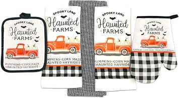 Serafina Home Halloween Kitchen Dish Towels and Pot Holders SetHaunted Sleepy Hollow Lane Cute Orange Truck