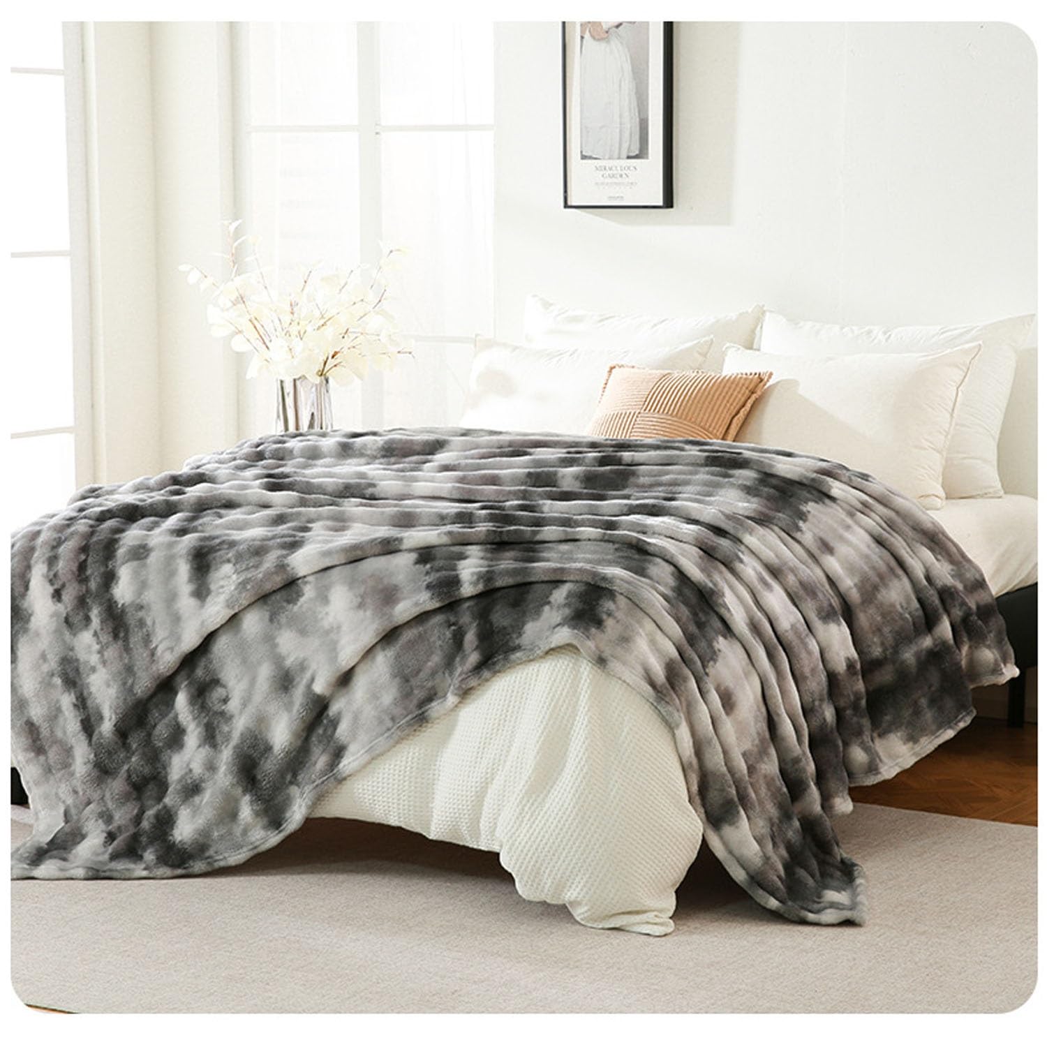 Couverture fausse fourrure lapin plaid noir chaud lit 200x230cm