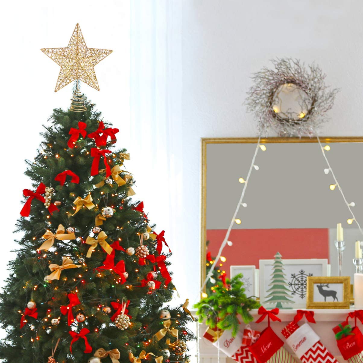 Lot de 10 étoiles de sapin de Noël illuminées - 3D pailletées dorées - Décorations de Noël pour sapin de Noël - Décoration de fête - Doré