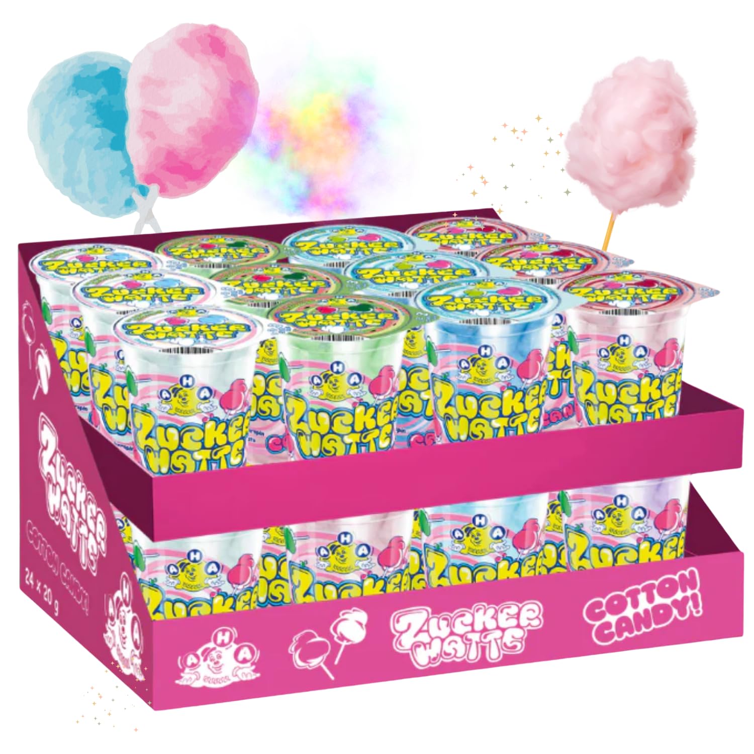 AHA Barbe à papa 7 variétés colorées 24 x 20 g dans un gobelet, qualité supérieure, emballage de stockage, 4 saveurs comme à la foire foraine pour fête, maison, garden-party, célébration
