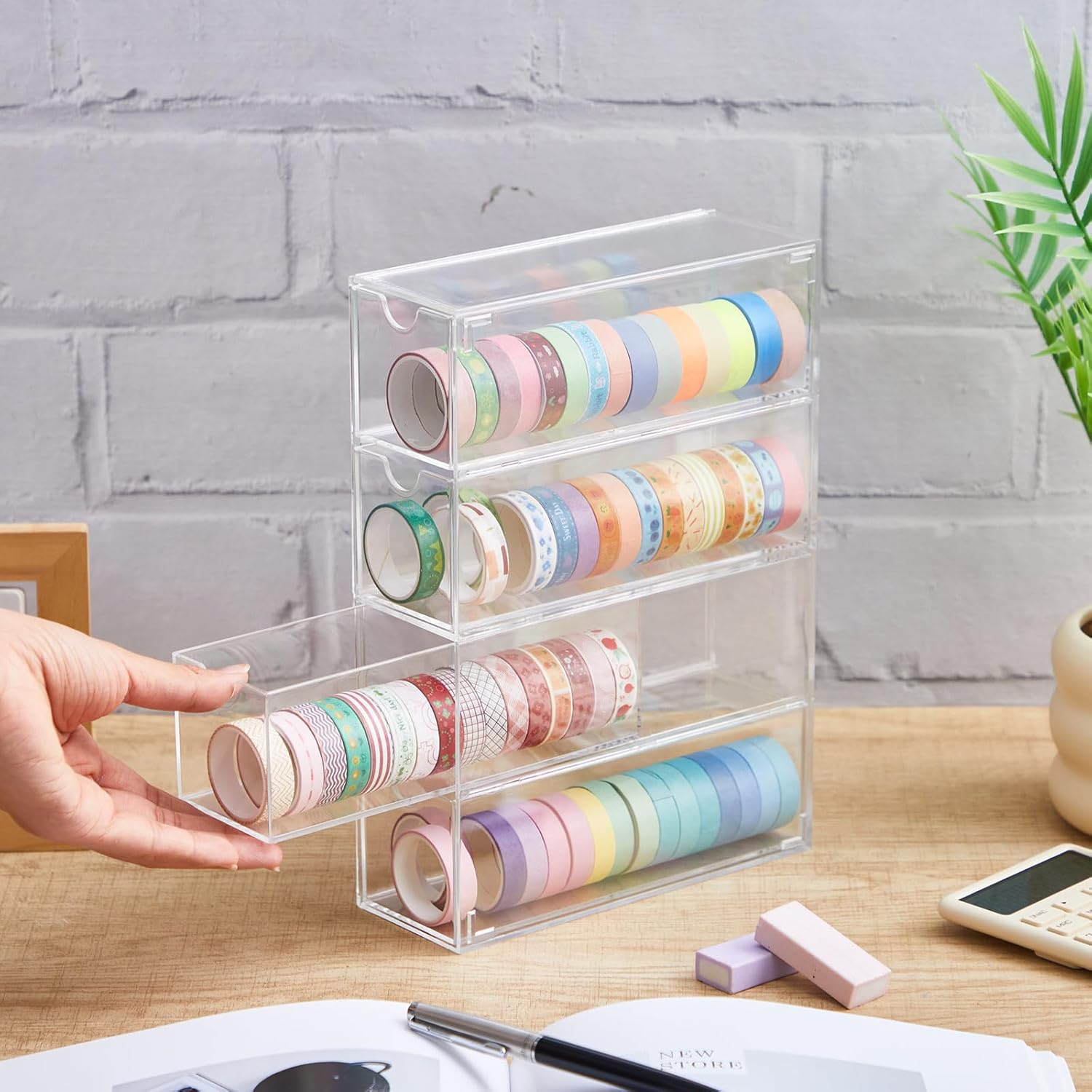 Chunful 3 Pack Acrylic Washi Tape Organizer, Clear Washi Tape Storage Holder with 4 Sliding Drawers, Desk Accessories Display Caddy Craft Box for Scrapbooking Art Craft Supplies