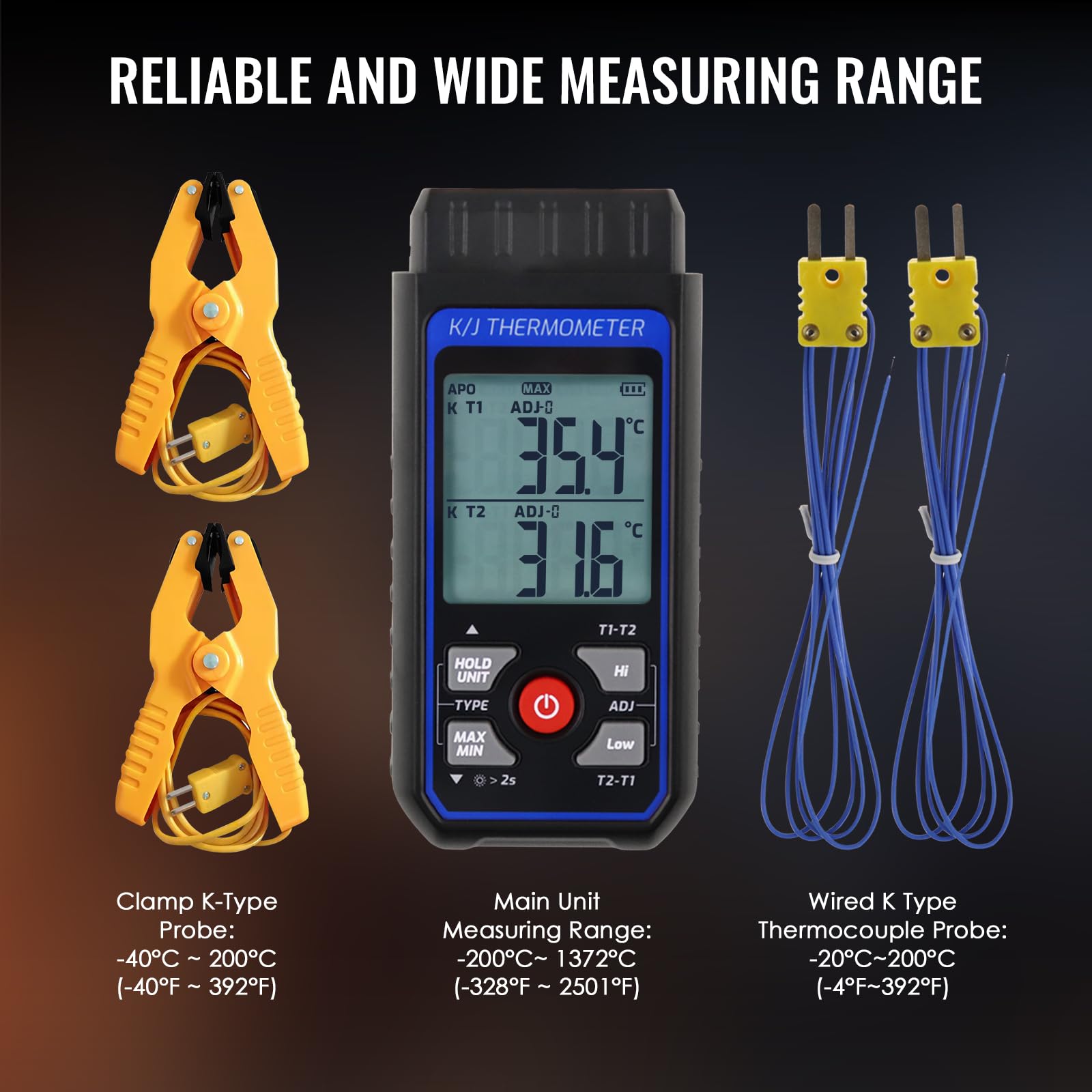 Thermomètre thermocouple numérique à double canal de type K/J avec sondes thermocouple de type 2 K et 2 pinces de température, plage de -328 ~ 1 500 °C, compteur de température HVAC industriel avec