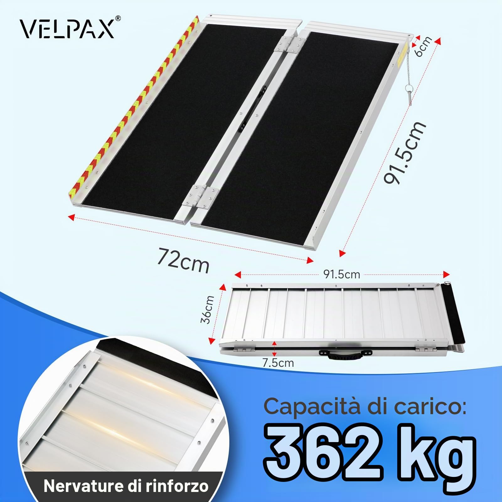 VELPAX Rampa per sedia a rotelle, 92 x 72 cm, in lega di alluminio, per porta, scale, sedia a rotelle