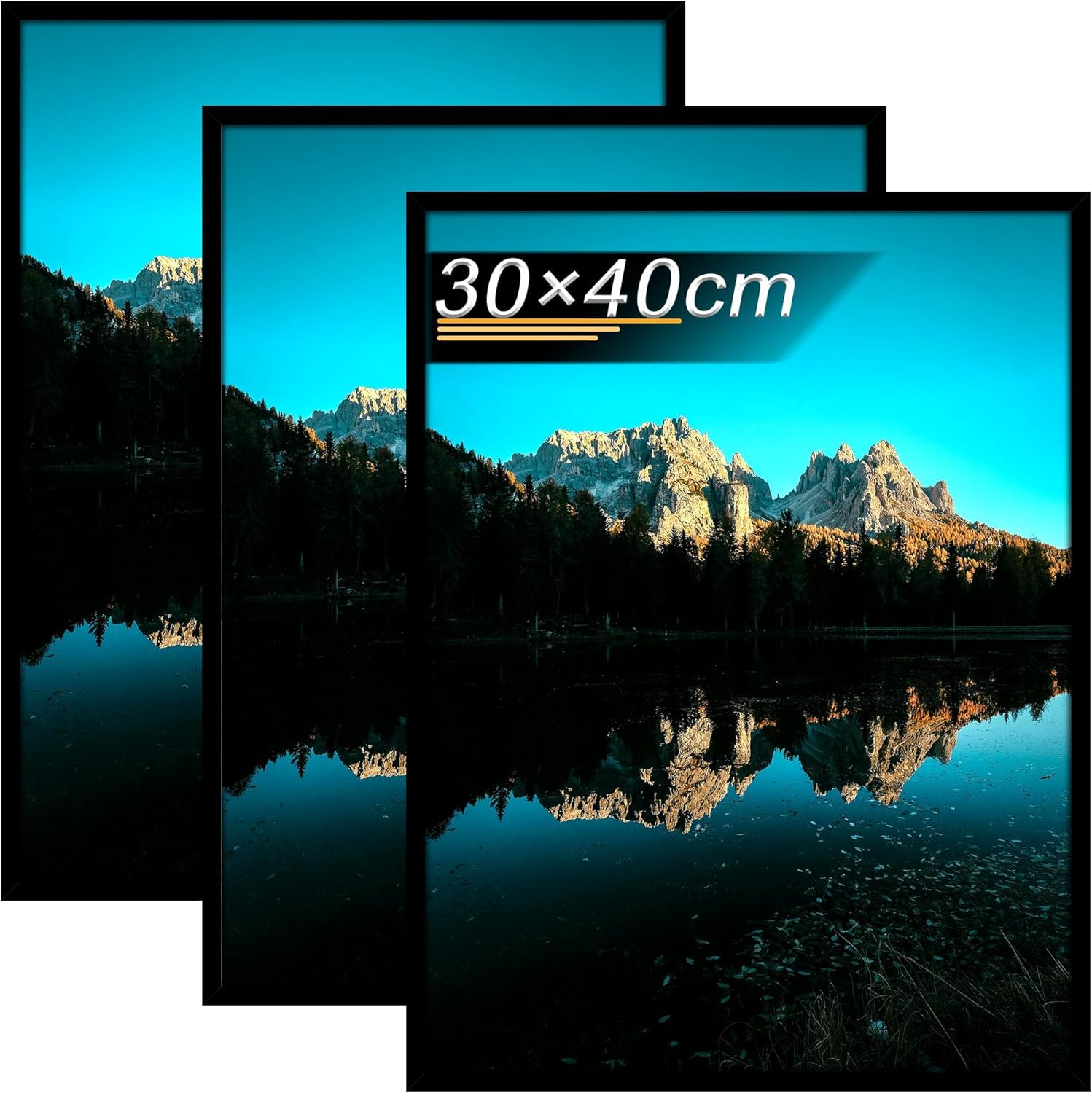 Set Di 3 Cornici Per Foto 50x70 Cm In Legno Nero - Con Plexiglass Infrangibile, Appendiabili Orizzontali O Verticali