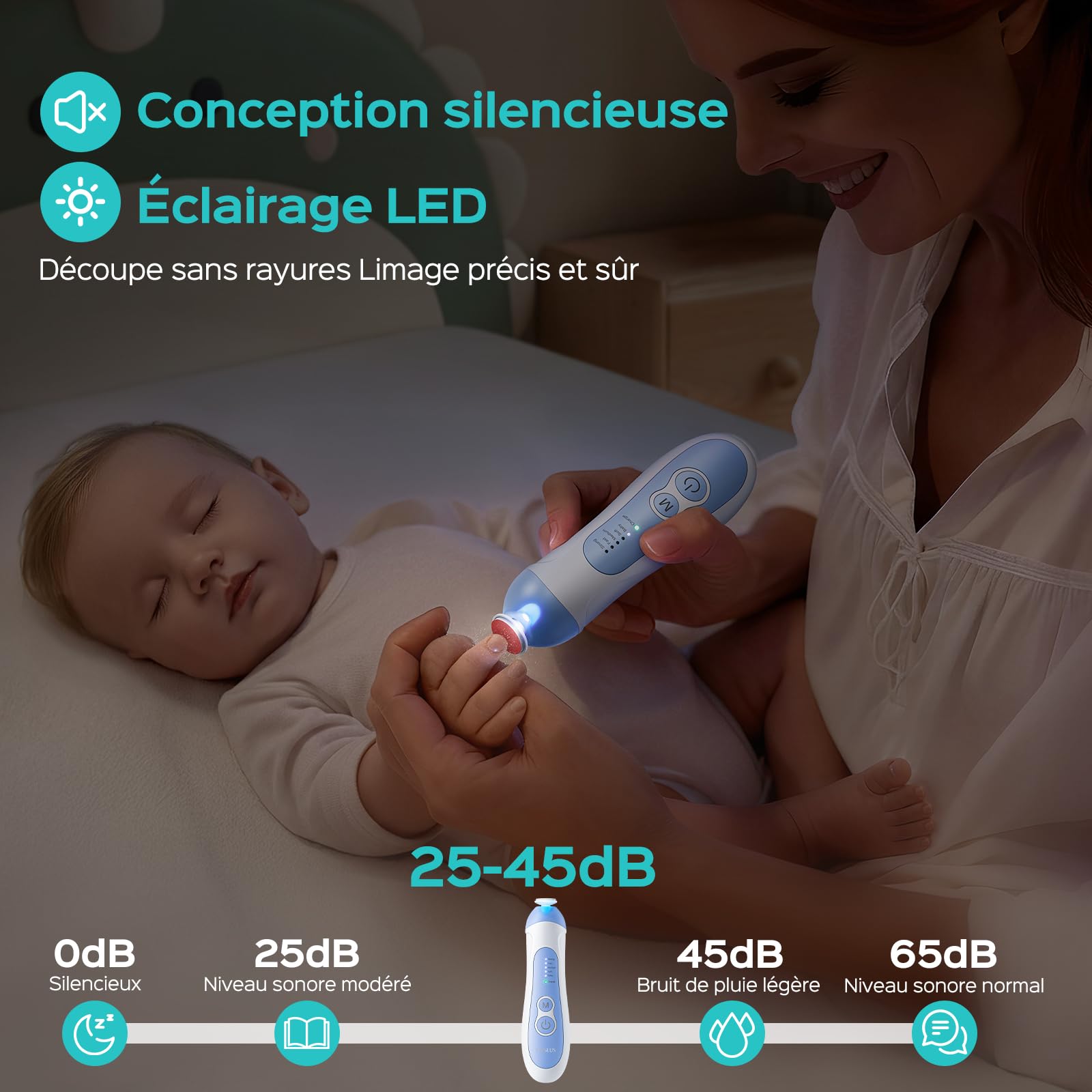 COSLUS Lime à Ongles Électrique Bébé : Lime à Ongles Électrique Bébé set Manucure Pedicure 6 Têtes de Ponçage, 5 Modes, Lumière LED, Pour Nouveau-nés, Soin des Ongles en Sécurité, C52 Bleu Foncé