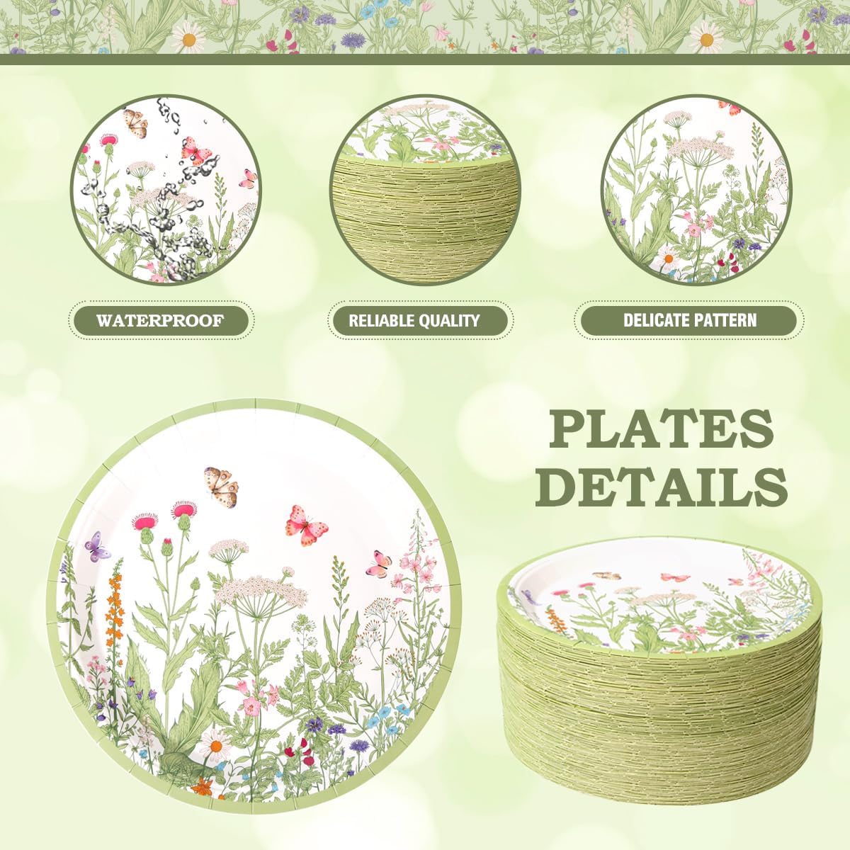 BHHQHH 100pcs Floral Paper Plates 9 inch Wildflower Party Plates Disposable Spring Summer Dinner Paper Plate for Birthday Wedding Baby Shower Tea Party Bridal Shower