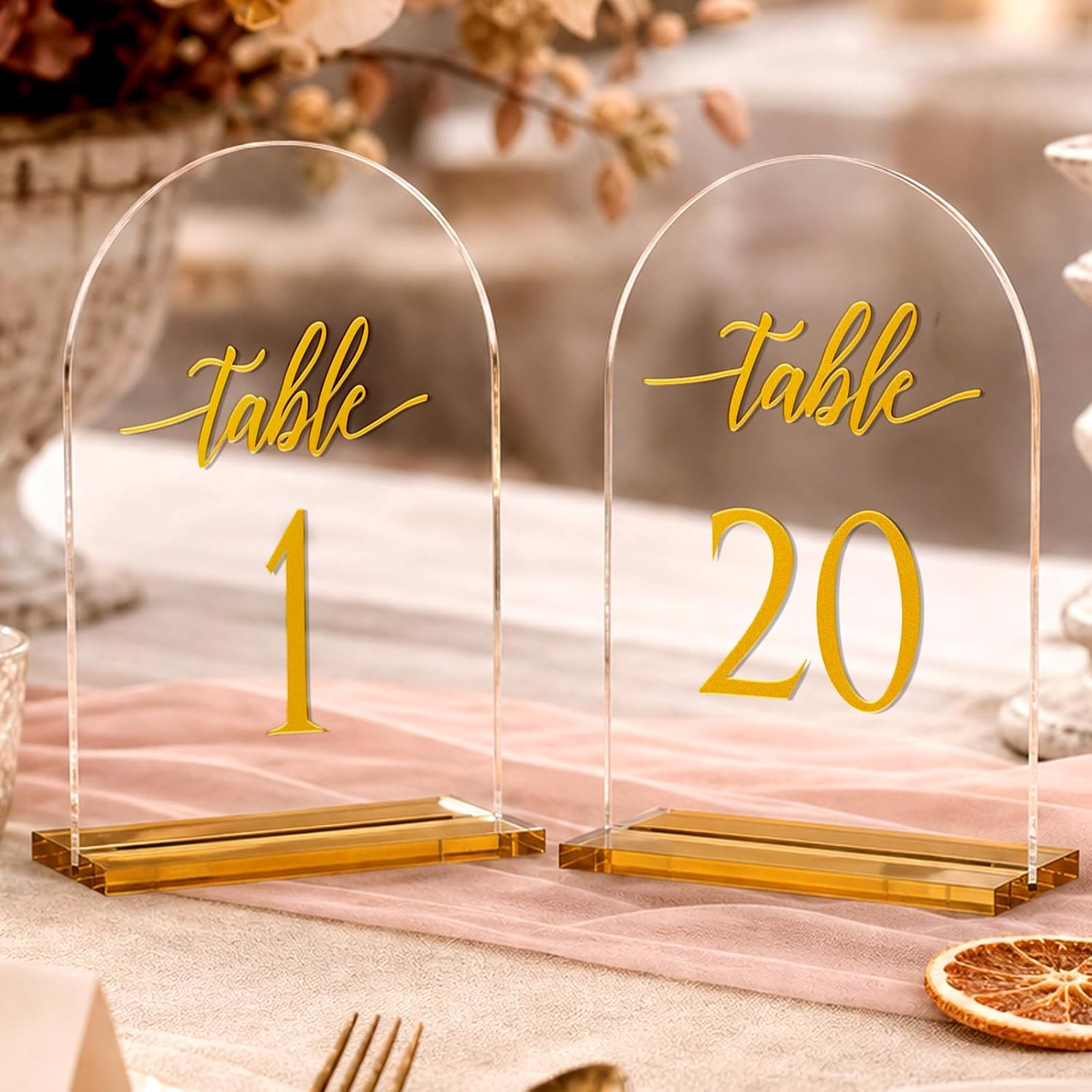 Arch Wedding Table Number 1-20 with Gold Stand, 5.5 x 7 Inch Clear