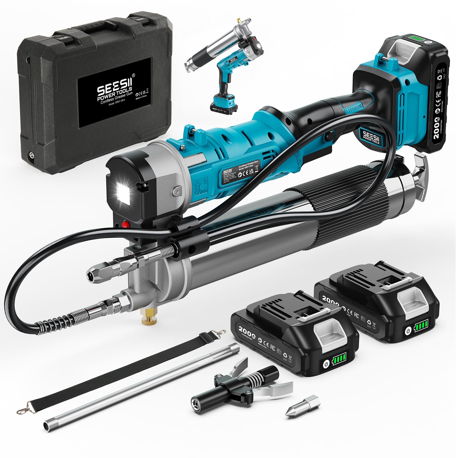 Seesii Innovadora Engrasadora Bateria 2 en 1: Kit de Pistola Engrasadora de 5,3 oz/min 12000 PSI de Alta Eficiencia con 2 * Baterías de 2,0Ah y Cargador, Pistola de Engrasar Fácil de Usar