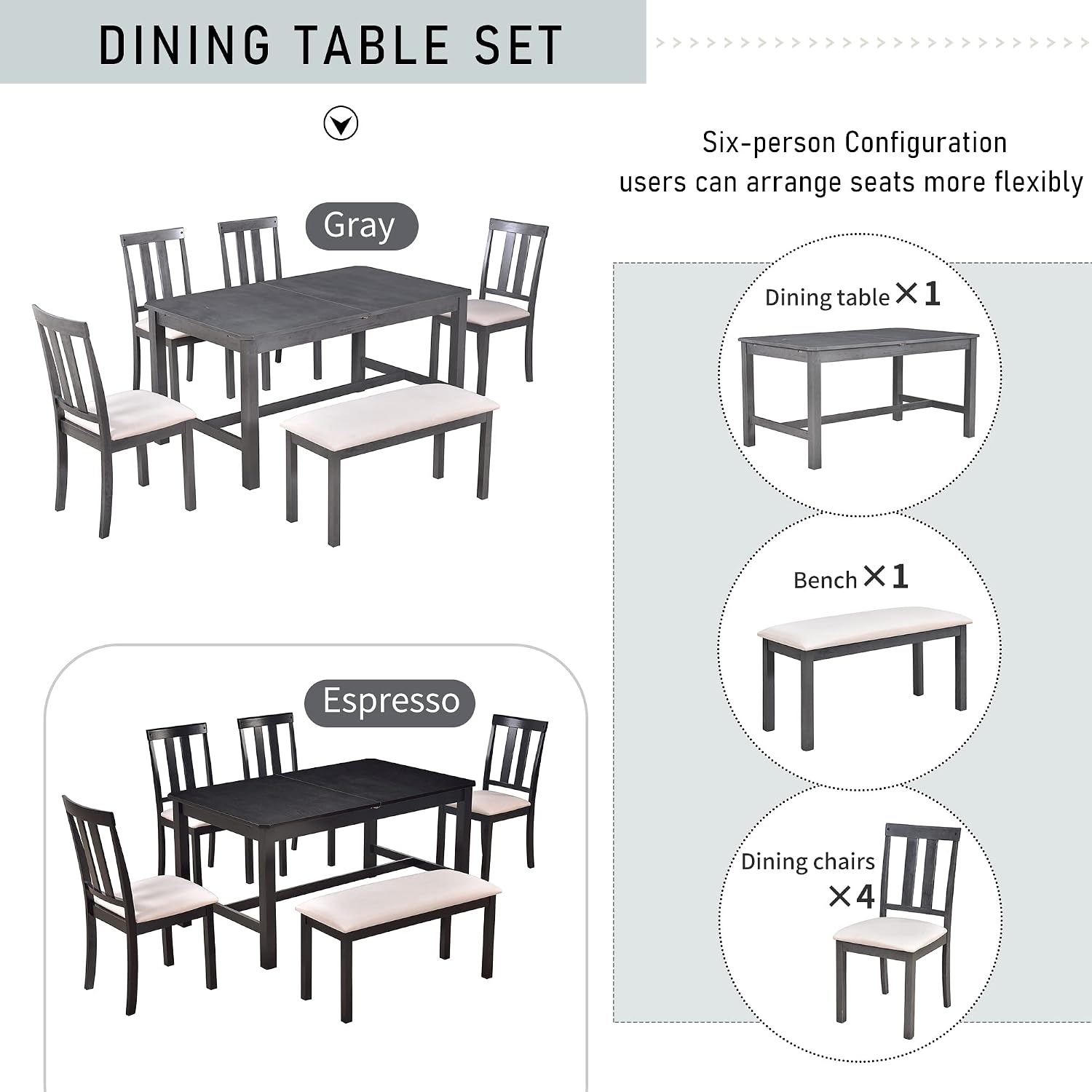 Bellemave 6 Piece Dining Table Set Wood Extending Dinette Table with 4 Upholstered Chairs and 1 Bench, Rustic Style Kitchen Table Set for 6 Persons, Gray