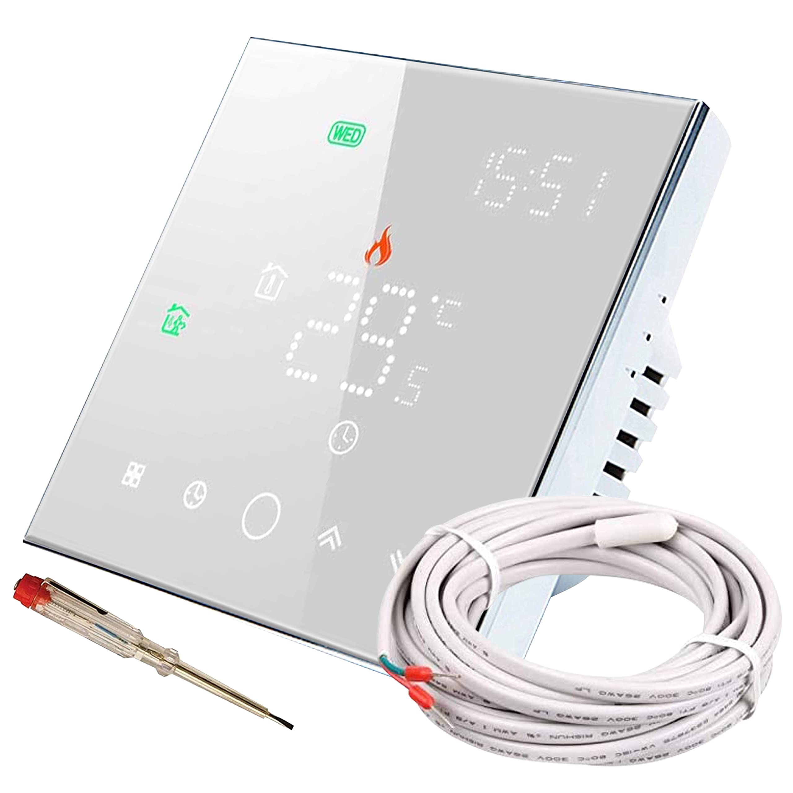 Nassboards Smart WiFi Electric Thermostat - Wireless Control Compatible with Mobile App, Alexa, Google Home - Touch-Screen Thermostats, Temperature Sensor for Floor Heating - Installation Kit Included