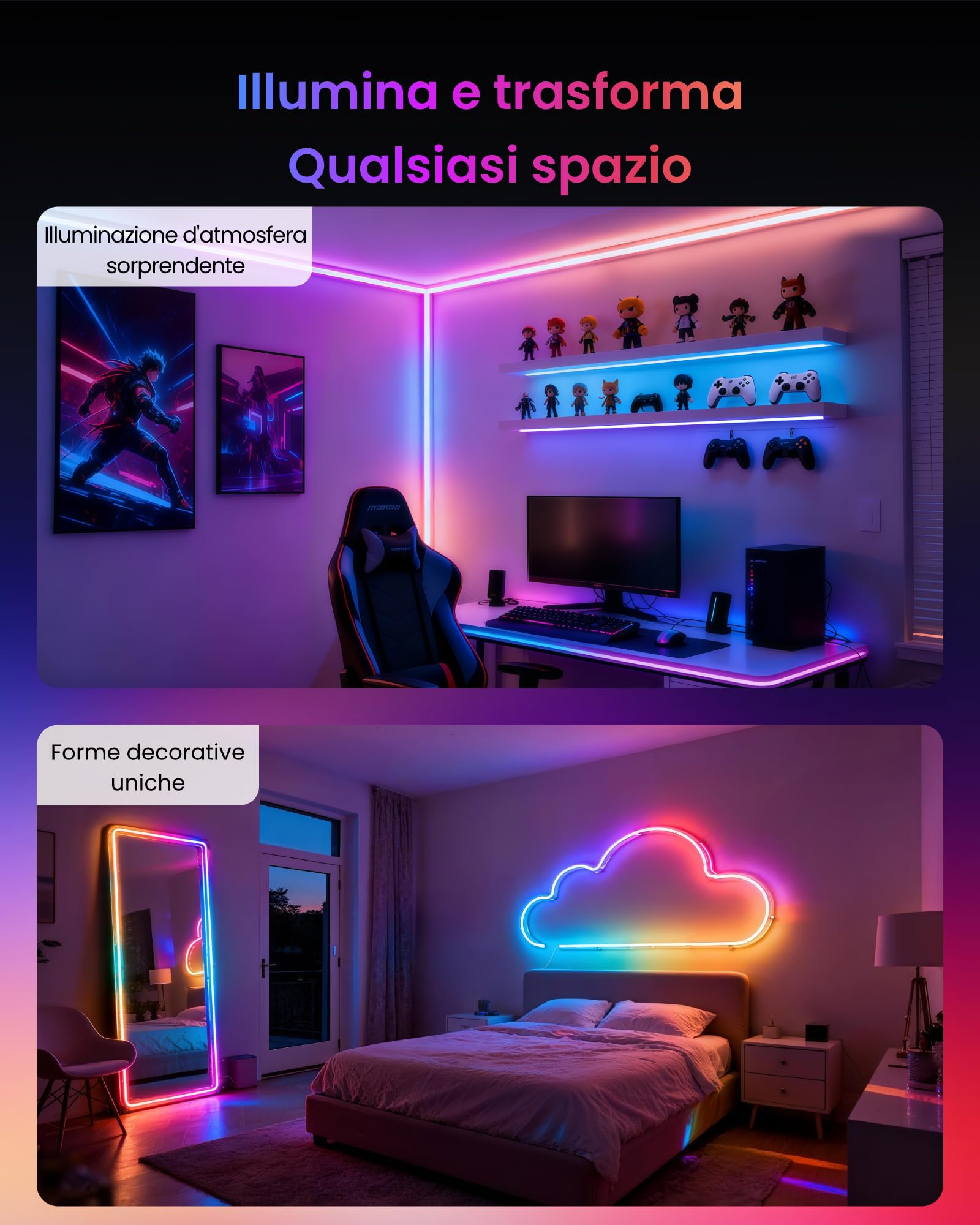 SwitchBot RGBIC Neon Striscia LED, 5M Matter Neon LED Luci Compatibile con Apple Home, Alexa e Google Home, 16 min di colori, Sincronizza Musica e Scene, Luci LED Camera da Letto, Soggiorno