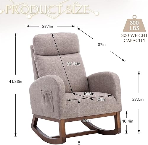 Miniatura 9 de KINFFICT Cómoda mecedora, tapizada para guardería o relajación, sillón de sala de estar con respaldo alto y reposacabezas, moderno balancín con