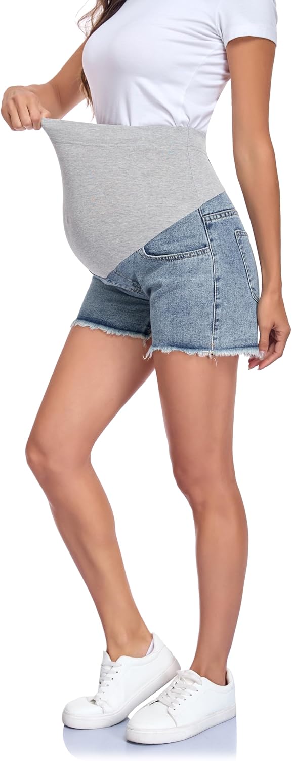 Maternity Denim Shorts - Adjustable High Waist Cotton Belly Panel Pregnancy Shorts with Pockets for Summer - Image 3