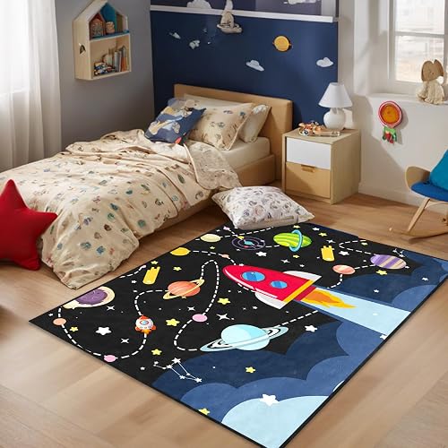 Space Rug - Space Rug for Boys Room Cartoon Solar System Carpet Educational Lear