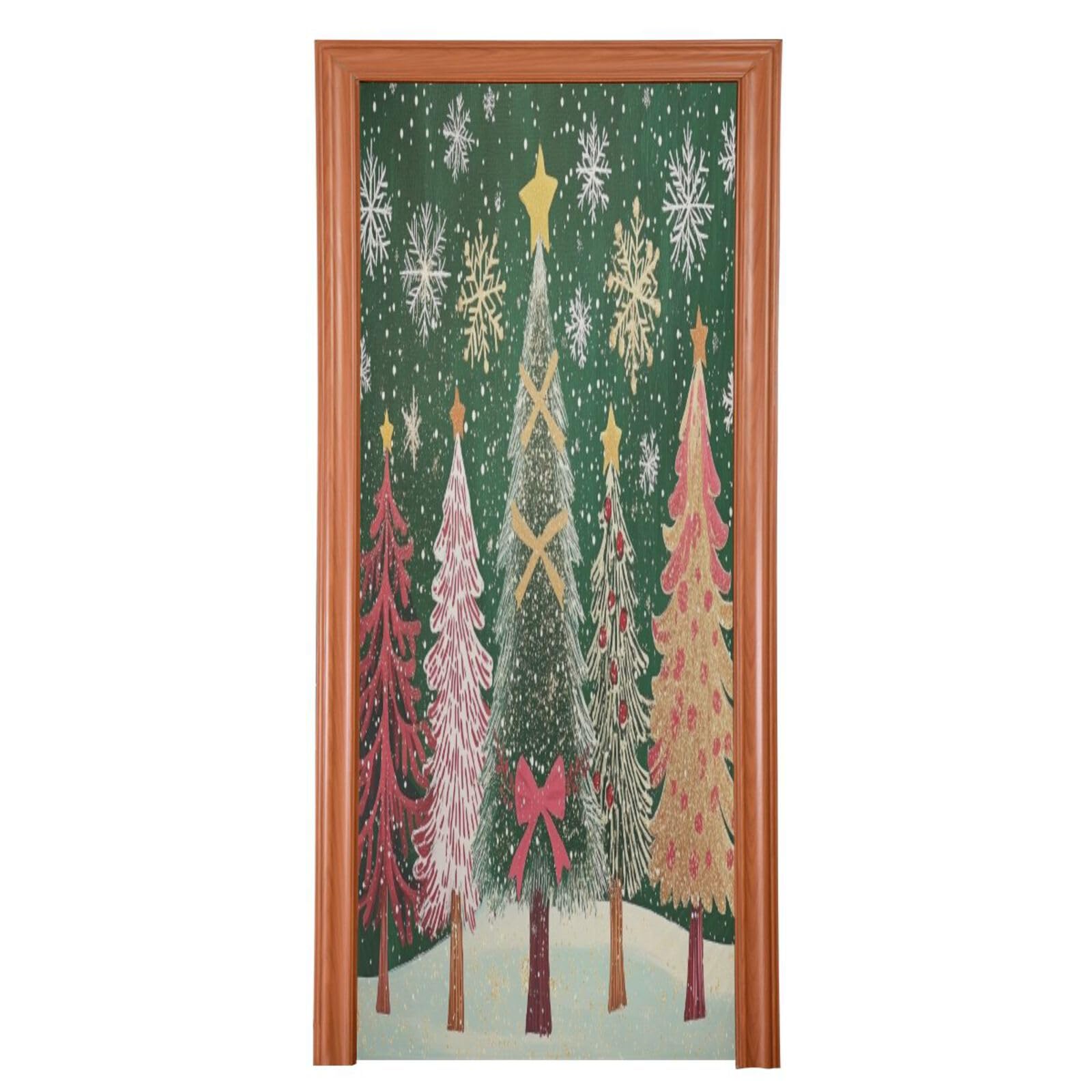 J JOYSAY Christmas Trees Green Snowflakes Door Decorations Door Cover Xmas Decorations Door Xmas Front Door Covering Scary for Christmas Decor,32x79 in