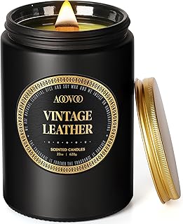 AOOVOO Scented Candles for Men - Large 22oz 120 Hours of Burn Time, Vintage Leather Candles for Home Scented | Crackling Wood Wick Soy Candle | Strong Fragranced Black Candle Gift for Women & Men