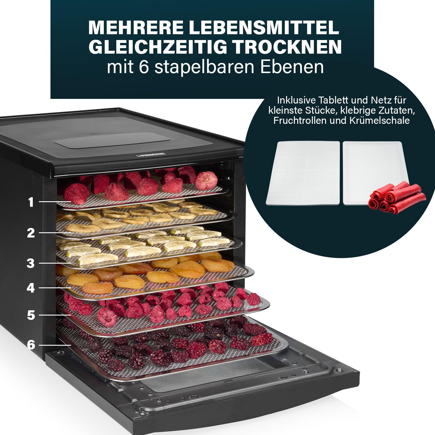 Princess Food Dehydrator mit 6 Edelstahl-Einschüben, Einstellbare Temperatur, Touchscreen, Timer bis 48 Stunden, 550 W, 01.112398.01.001