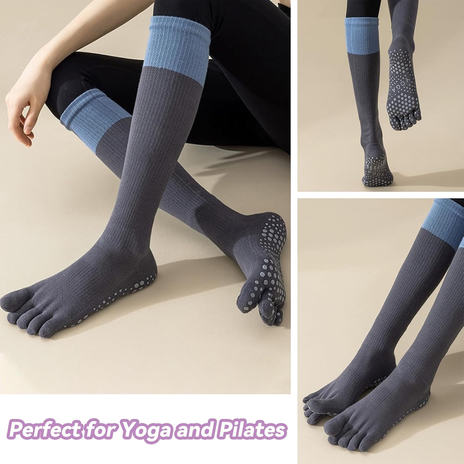 Women’s Yoga Pilates Toe Cotton Crew Socks, Non-Slip Breathable Moisture-Wicking Barre Gift 3/5-Pair