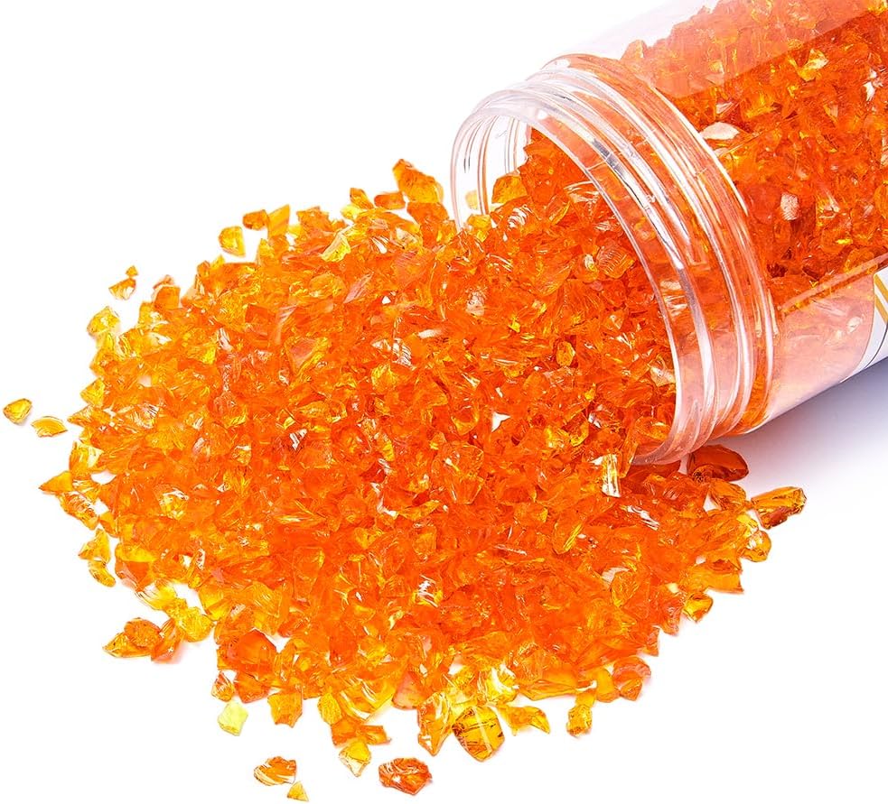 TWINKLING High Luster Fire Glass Gravel Stone Rocks Glitter 5LB,Shattered Broken Glass,Fire Gems Chips,Crushed Glass for Fire Pit Crafts Resin Art Aquarium Gravel Garden Decoration,3-6mm (Orange Red)