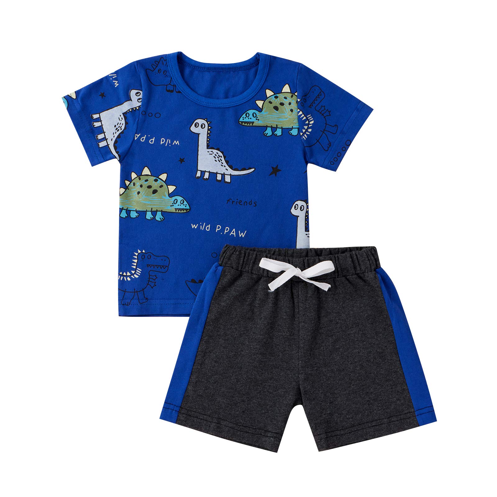 Infant Toddler Baby Boys Clothes Set Short Sleeve Dinosaur Print Sweatshirt Top Tank Short 2Piece Summer Outfits (Blue+Short Sleeve, 6-12 Months)