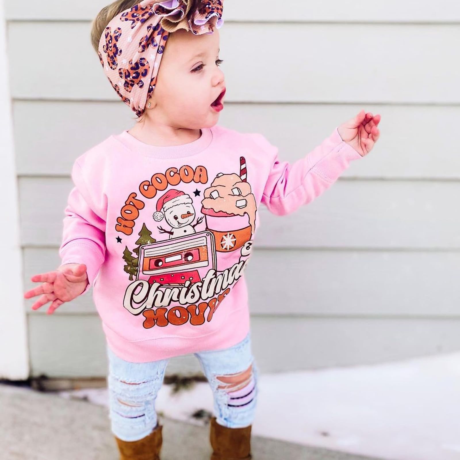 BOIBOKOKO Baby Girl Boy Christmas Outfit Long Sleeve Crewneck Sweatshirt Xmas Shirt Top Cute Fall Winter Clothes (Pink A, 12-18 Months)