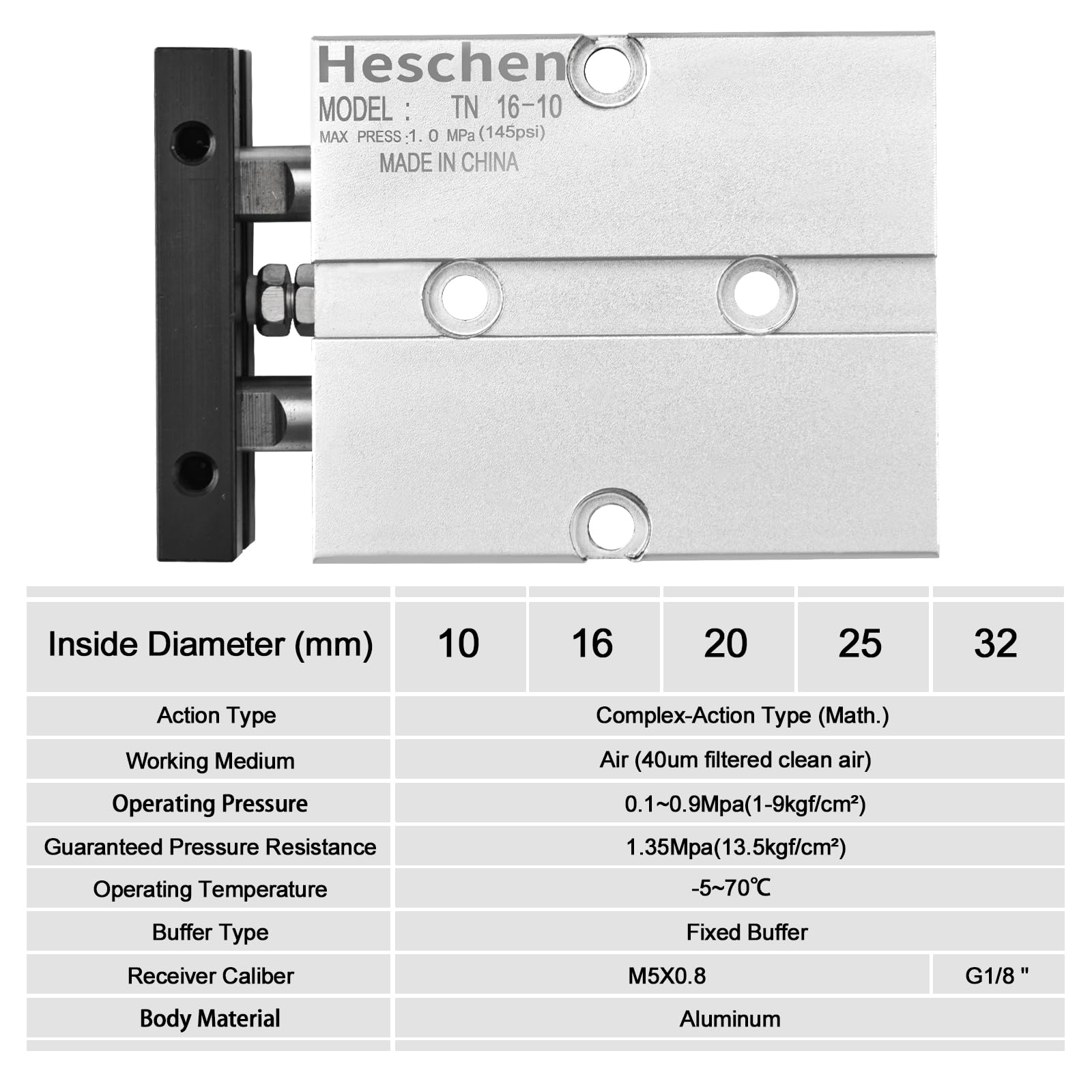 Heschen Cilindro neumático TN16-10 TDA16-10 doble efecto aluminio 16 mm 10 mm imán