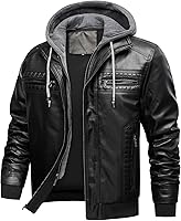 INVACHI Men's PU Faux Leather Motorcycle Bomber Jacket - Windproof Vintage Biker Jacket with Removable Hood