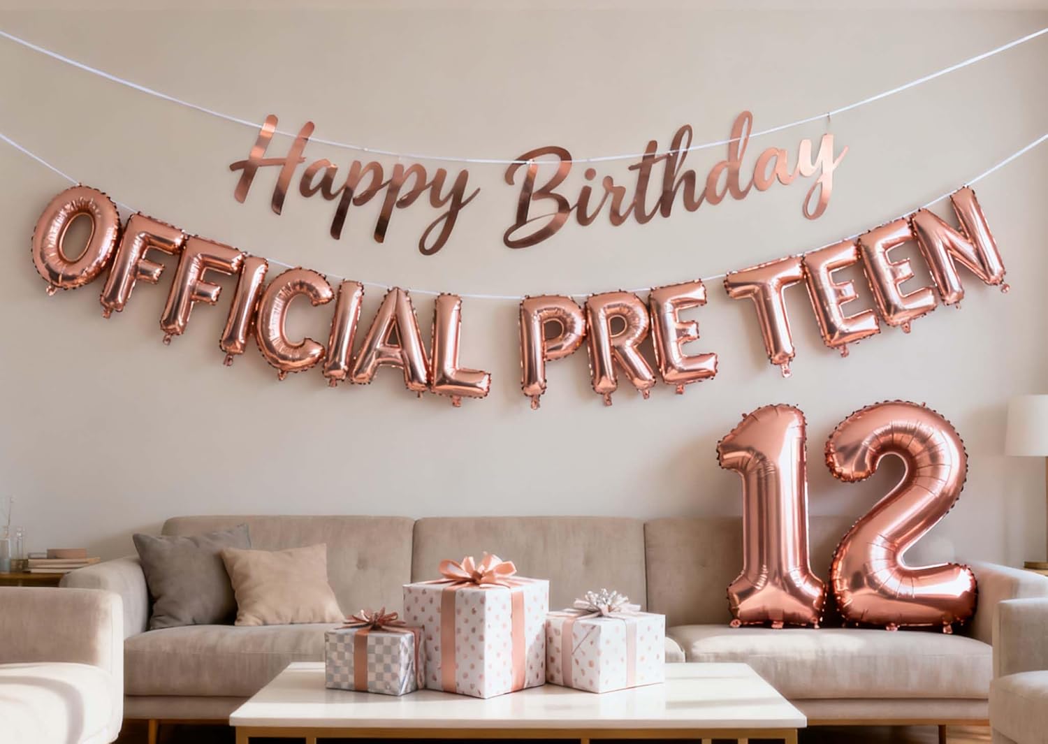 12th Birthday Decorations for Girls, Official Pre-Teen 12th Birthday Balloon 12th Birthday Banner Number 12 Foil Balloons for Her 12 Years Old Birthday Daughter Supplies Girls(12th Rose gold)