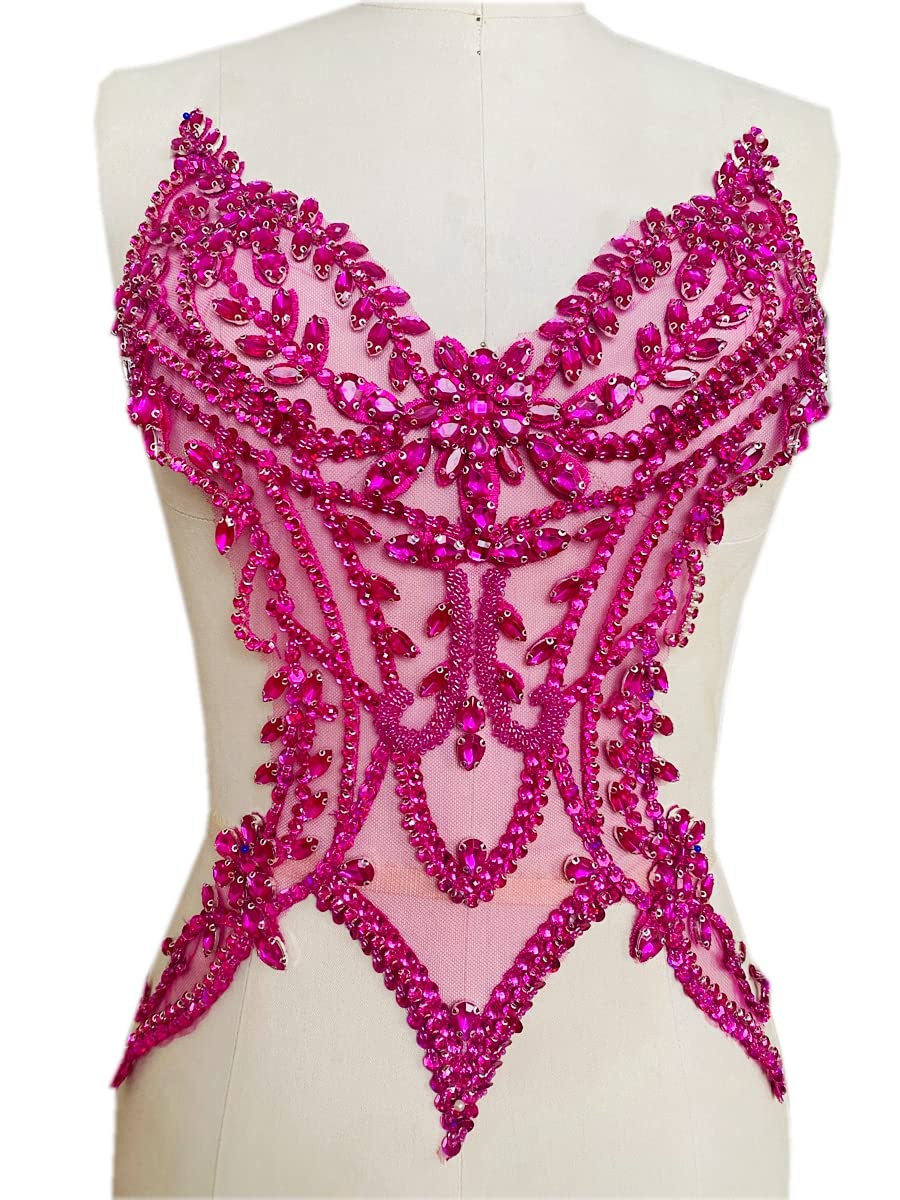 Handmade Rhinestones lace Applique sew on Beads Sequins Trim Patches Accessories for Girl Dress Clothing (Rose red)