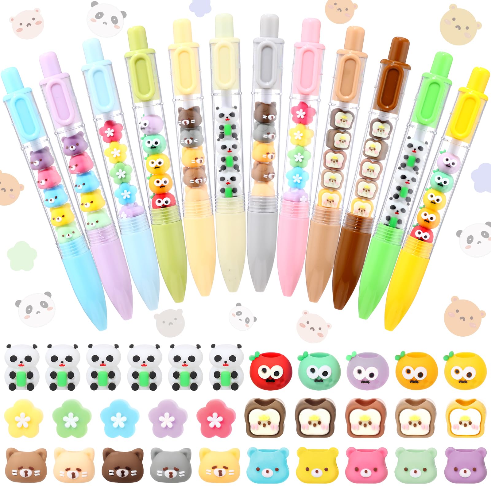 Sayglossy 12 Sets DIY Beadable Pen Kit 12 Plastic Beaded Pens Black Ink Ballpoint Pens with 56 Cute Silicone Beads for Women Office DIY Making Gift