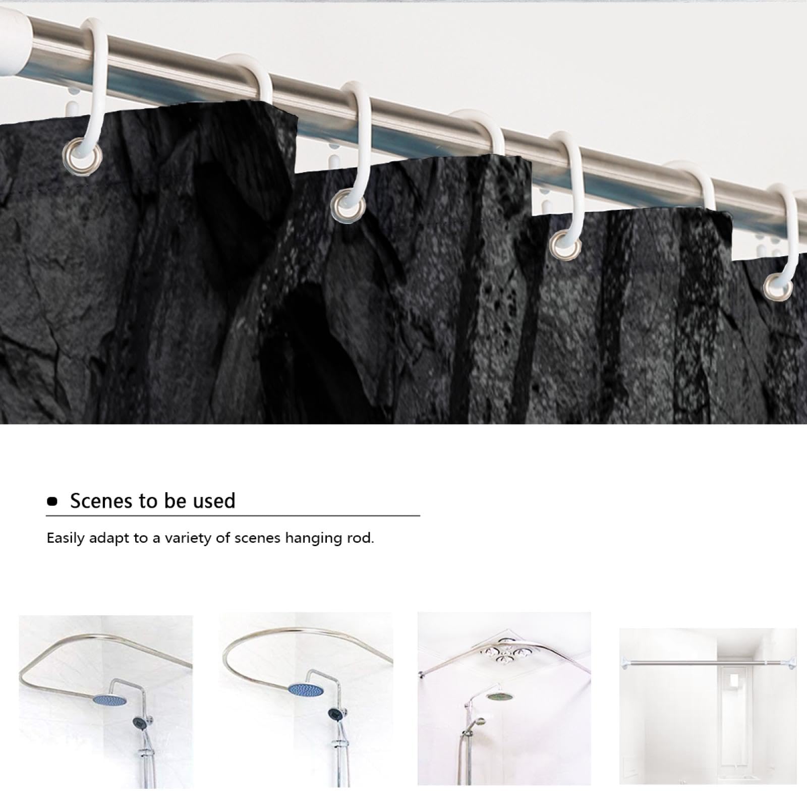 Conjuntos de Cortinas de Ducha Gris Oscuro para baño de Hombre Secado rápido Lavable a máquina Poliéster Impermeable Cortina de Ducha Moderna con Ganchos Negro 180x200 cm