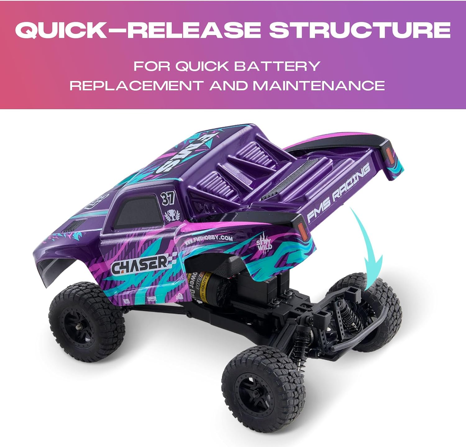 FCXㅤ FMS FSC24 1/24 Chaser RC Crawler, Short-Course Trucks with High Strength Nylon Frame, 2 Speed Switch Up to 26km/h, Hobby RC Car for Adults, Gifts (Purple)
