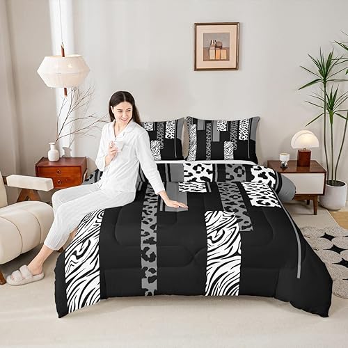 Miniatura 5 de Feelyou Juego de edredón de cebra de leopardo, tamaño queen, para niños, gris, blanco, negro, para niños, adolescentes, juego de ropa de cama con