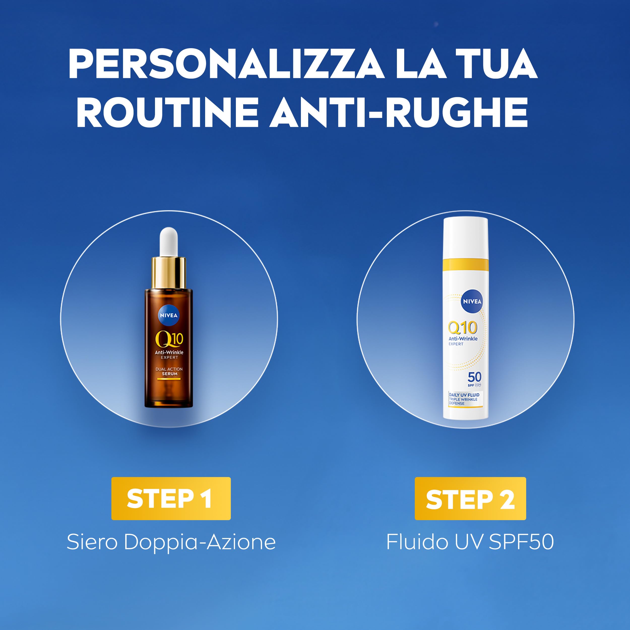 NIVEA Q10 Expert Skincare Kit Anti-Rughe, Set skincare completo con Siero Viso Doppia Azione 30 ml e Fluido UV Quotidiano Crema Viso SPF 50 40 ml per una pelle protetta e dall'aspetto più giovane