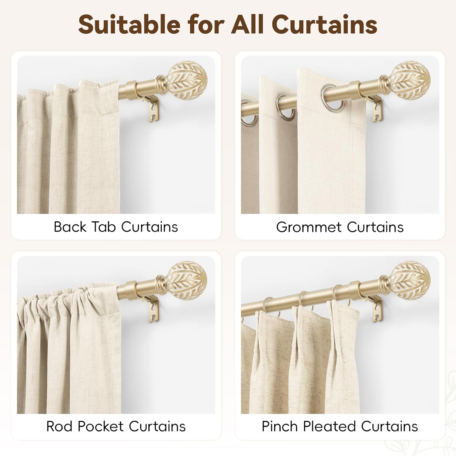 Wood Curtain Rods for Windows 48 to 84, 1 Inch Heavy Duty Boho Drapery Rods with Imitation Wood Grain olive leaf motif Finials, Rustic Decorative Curtain Pole set, 32"-86", Champagne Gold