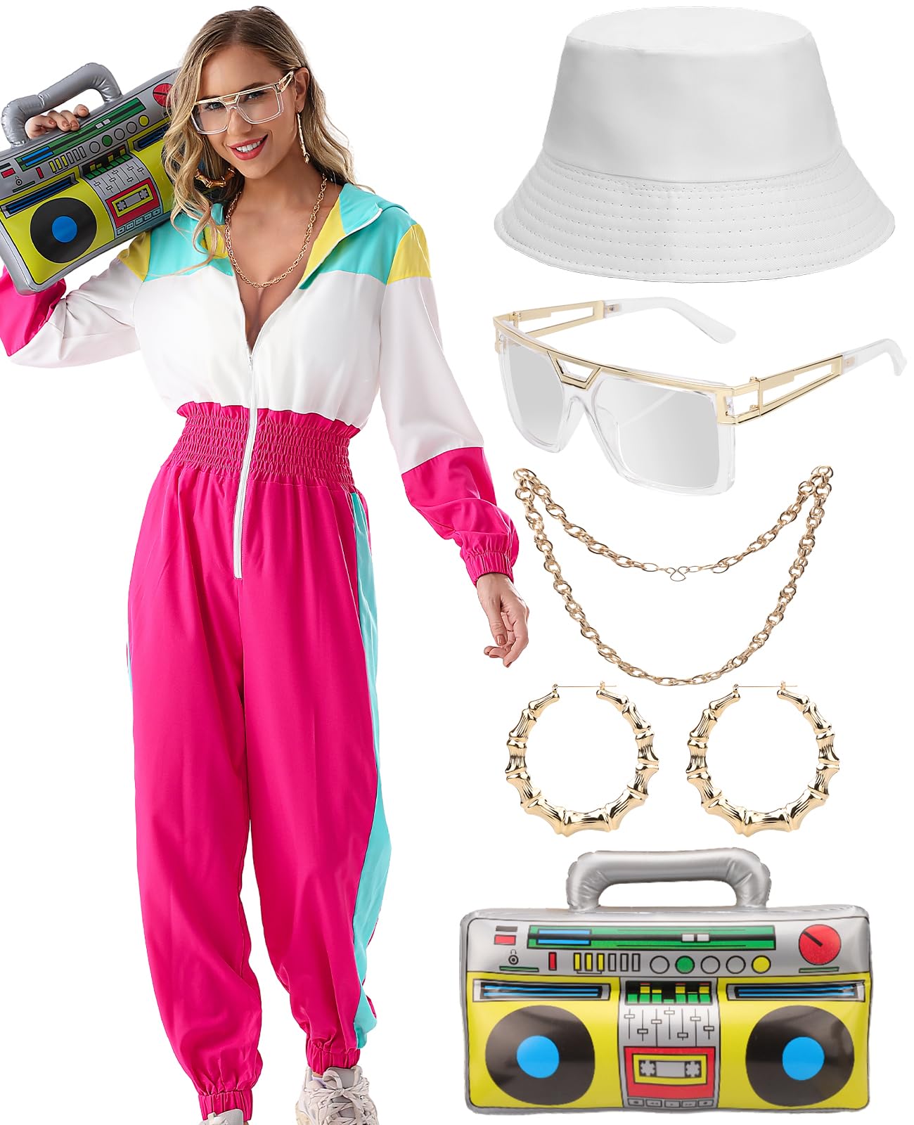 WILDPARTY Jaren 80-90 Damesoutfit Jumpsuit, Trainingspak Hoodie, Joggingbroek met opblaasbare Ghettoblaster Hoed, Bril Ketting Oorbellen, Kostuum voor Carnaval, Fasching, Mottoparty
