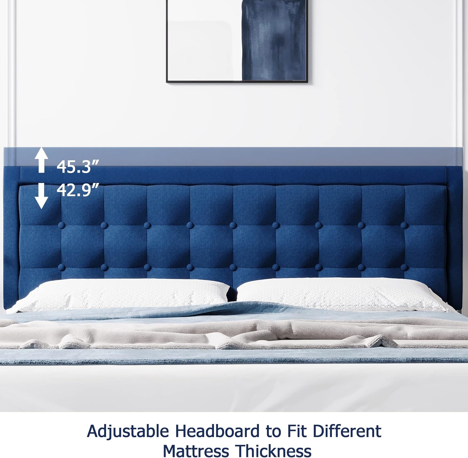 Senfot King Size Platform Bed Frame with Upholstered Button Tufted Headboard, Metal Foundation with Wood Slats Support No Box Spring Needed for Bedroom in Blue
