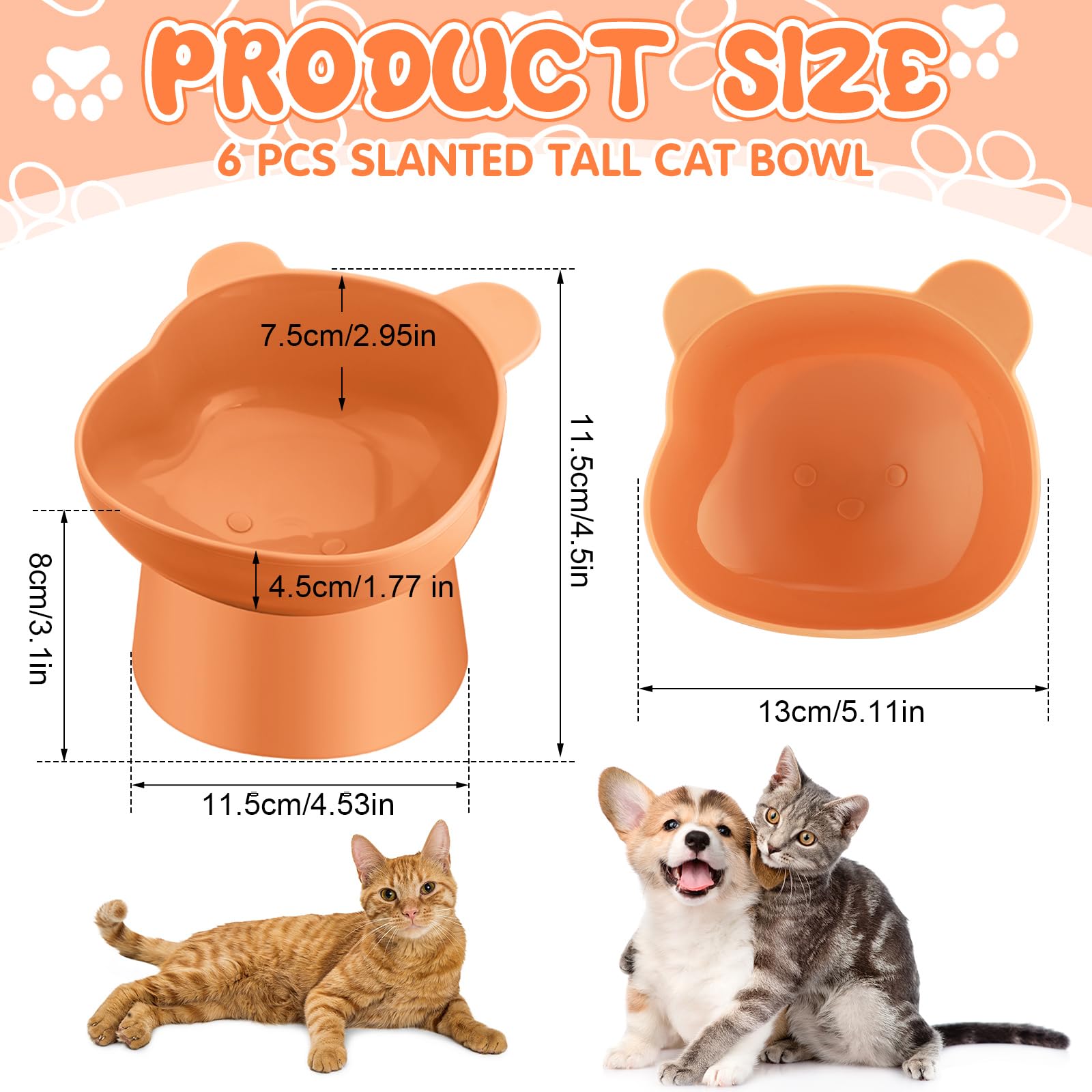 Hsei Lot de 6 gamelles surélevées pour chat - 15 degrés - Anti-vomissements - Inclinables - En plastique - Avec support incliné - Couleur mignonne