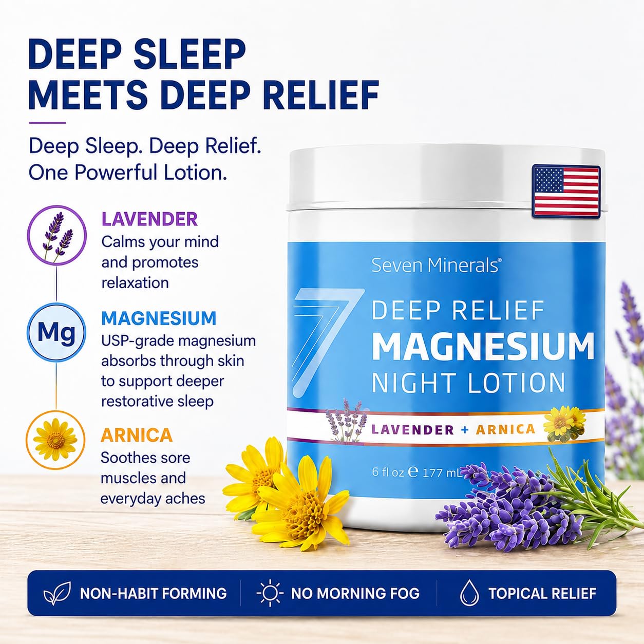 Seven Minerals Deep Relief Magnesium Night Lotion - Lavender + Arnica Cream for Deep Sleep & Muscle Relief - Calms Legs, Soothes Sore Back, Neck & Shoulders - Blended in USA, 6 Fl Oz — Amazon image 2